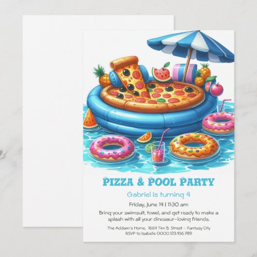 Pizza & Pool Verjaardagsfeest – Leuk Cartoon ontwe Kaart (Voorkant / Achterkant)