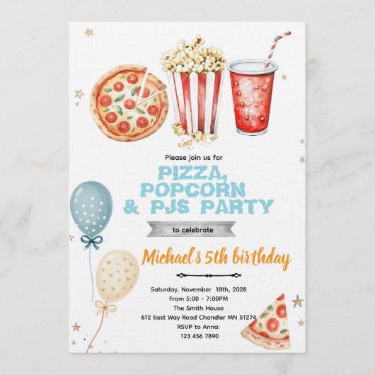 Pizza popcorn and pajamas party invitation kaart (Voorkant)