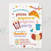 Pizza Popcorn en pyjama verjaardagsuitnodiging Kaart (Voorkant / Achterkant)