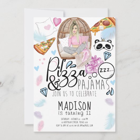 Pizza & Pyjama Sleepover Verjaardag Kaart (Voorkant)