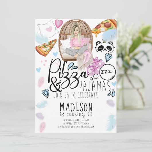 Pizza & Pyjama Sleepover Verjaardag Kaart (Staand voorkant)