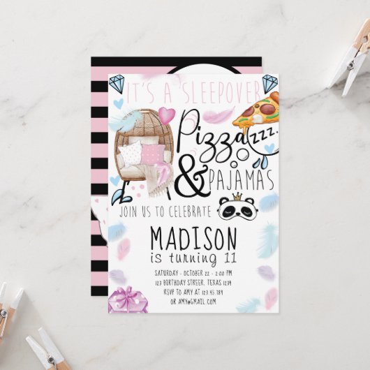 Pizza & Pyjama Sleepover Verjaardagsfeest Kaart (Voorkant / Achterkant in situ)