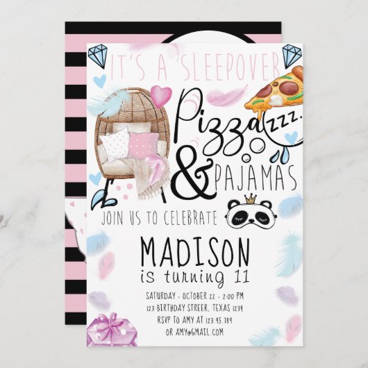 Pizza & Pyjama Sleepover Verjaardagsfeest Kaart (Voorkant / Achterkant)