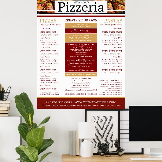 Pizza Restaurant, Pizzeria Menu Poster (Thuiskantoor)