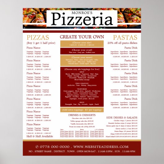 Pizza Restaurant, Pizzeria Menu Poster (Voorkant)
