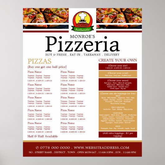 Pizza Restaurant, Pizzeria Menu Poster (Voorkant)