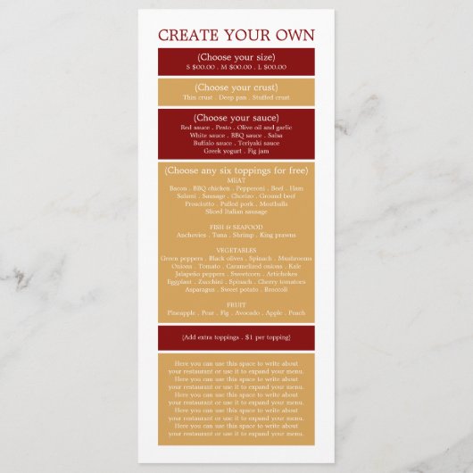 Pizza Restaurant, Pizzeria Slimline Menu (Achterkant)