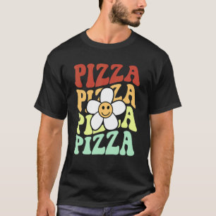 Pizza Retro Zonnebloem Glimlach Gezicht Kleurrijke T-shirt