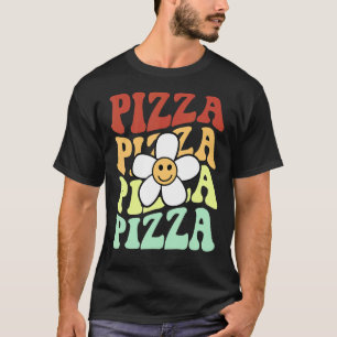Pizza Retro Zonnebloem Glimlach Gezicht Kleurrijke T-shirt