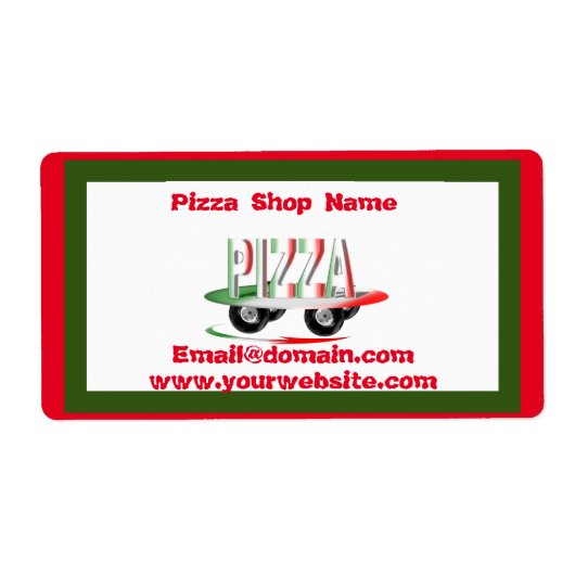 Pizza-service, rood groen, gepersonaliseerd etiket (Voorkant)