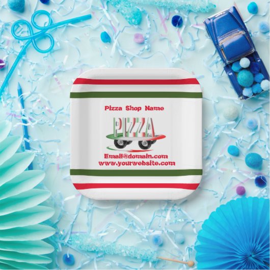 Pizza-service, rood groen, gepersonaliseerd papier papieren bordje (Feest)
