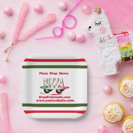 Pizza-service, rood groen, gepersonaliseerd papier papieren bordje (Feest)