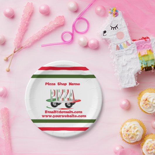 Pizza-service, rood groen, gepersonaliseerd papieren bordje (Feest)