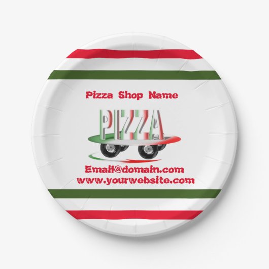 Pizza-service, rood groen, gepersonaliseerd papieren bordje (Voorkant)