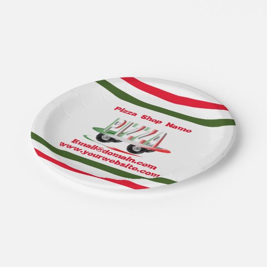 Pizza-service, rood groen, gepersonaliseerd papieren bordje (Gekanteld)