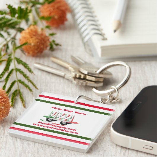 Pizza-service, rood groen, gepersonaliseerd sleutelhanger (Voorkant Rechts)