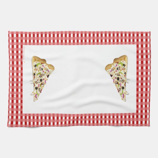 Pizza Slice Red Checks Border Tea Towel Dish Towel Theedoek (Horizontaal)