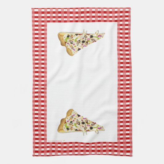 Pizza Slice Red Checks Border Tea Towel Dish Towel Theedoek (Verticaal)