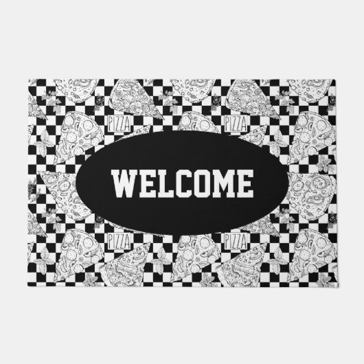 Pizza Slices Black White Checkered Chef Welcome Deurmat (Voorkant)