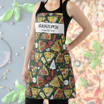 Pizza Slices, Chef Baker Restaurant Custom Text Schort<br><div class="desc">Fun apron met patroonpizzapsegmenten en pizza-gereedschappen en twee regels aangepaste tekst. Voeg de naam van een persoon toe, de naam van een restaurant- of pizza-winkel of verwijder de tekst en de rechthoek en gebruik gewoon het patroon. Ideaal voor restaurants, boeiende chefs, pizzafeestjes, cadeautjes voor gastheer/gastvrouw of iedereen die van pizza...</div>