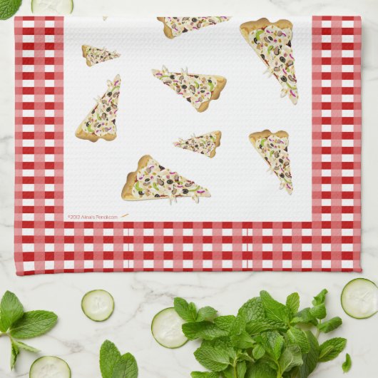 Pizza Slices Red Checkered Border Tea Towel Theedoek (Gevouwen)