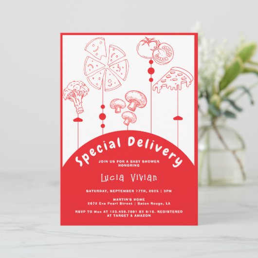 Pizza speciale levering Baby shower Kaart (Staand voorkant)