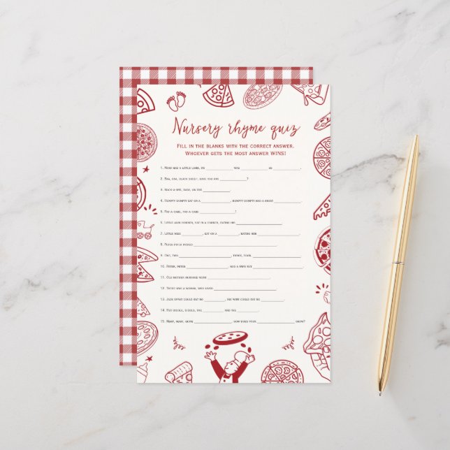 Pizza thema kinderkamer rijm quiz baby shower spel (Voorkant / Achterkant in situ)