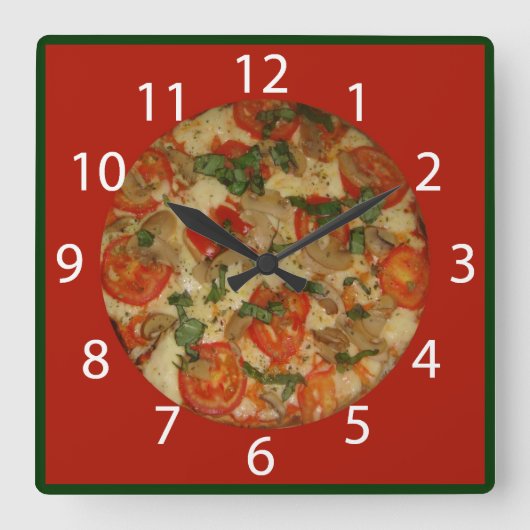 Pizza Time - Red border & White Numbers Vierkante Klok (Voorkant)