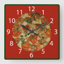 Pizza Time - Red border & White Numbers Vierkante Klok
