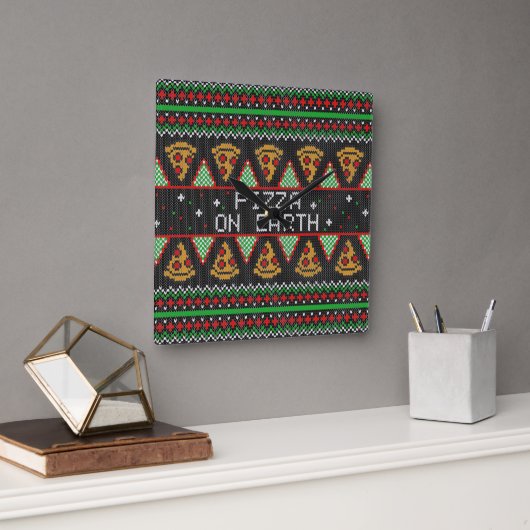 Pizza Ugly KerstSweater Vierkante Klok (Kantoor)