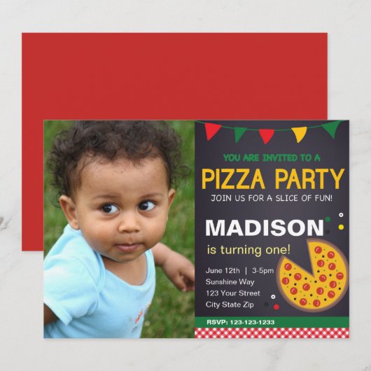 Pizza Verjaardag Uitnodiging met Foto (Voorkant / Achterkant)