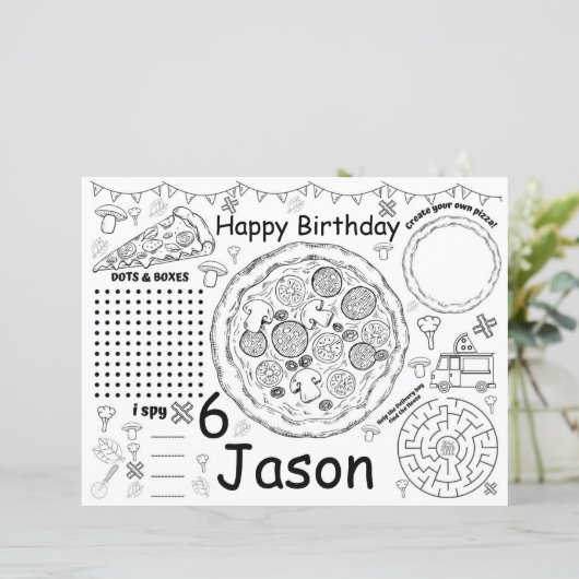 Pizza verjaardagsactiviteitenblad, pizza placemats (Staand voorkant)