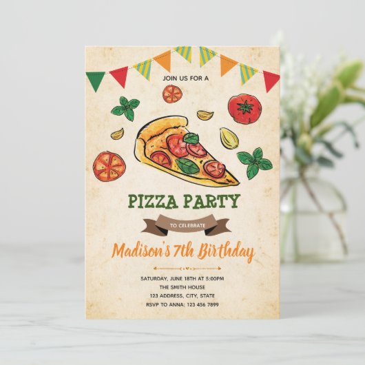 Pizza verjaardagsdouche uitnodiging (Staand voorkant)