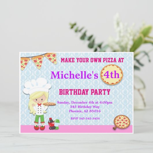 Pizza verjaardagsfeest uitnodiging, pizza uitnodig kaart (Staand voorkant)