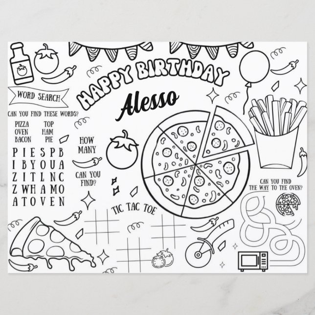Pizza Verjaardagsfeestje Kleurplaat Placemat (Voorkant)