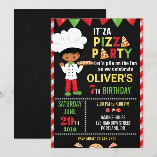 Pizza verjaardagsuitnodiging Kleine chef-jongen Kaart (Voorkant / Achterkant)