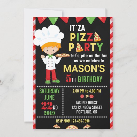 Pizza verjaardagsuitnodiging Red Green pizzafeestj Kaart (Voorkant)