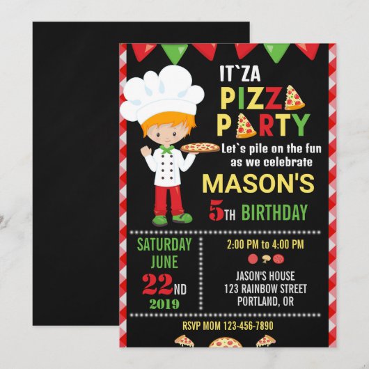 Pizza verjaardagsuitnodiging Red Green pizzafeestj Kaart (Voorkant / Achterkant)