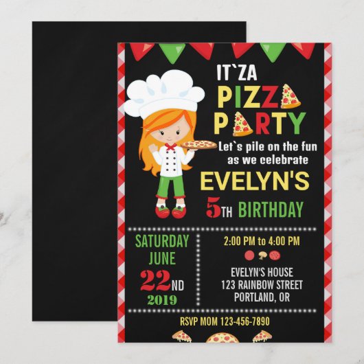 Pizza verjaardagsuitnodiging Red Green pizzafeestj Kaart (Voorkant / Achterkant)