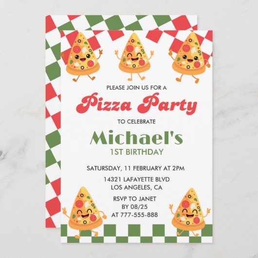 Pizza Verjaardagsuitnodigingen| Modern 1st Pizza P Kaart (Voorkant / Achterkant)