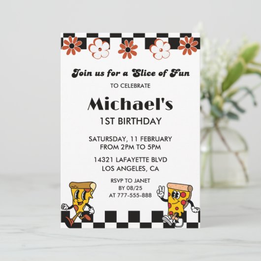 Pizza Verjaardagsuitnodigingen| Retro 1e Pizza Fee Kaart (Staand voorkant)