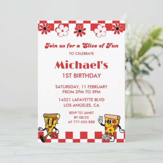 Pizza Verjaardagsuitnodigingen| Schattige 1e Pizza Kaart (Staand voorkant)