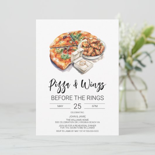 Pizza & vleugels voor de ringen uitnodiging (Staand voorkant)