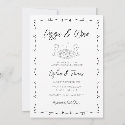 Pizza & Wijn krabbel Hand getrokken koppels douche Kaart (Voorkant)