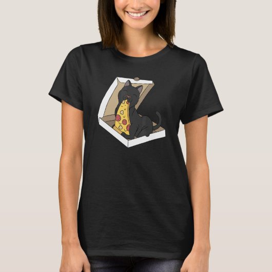 Pizza Zwarte Kat Huisdier T-shirt (Voorkant)