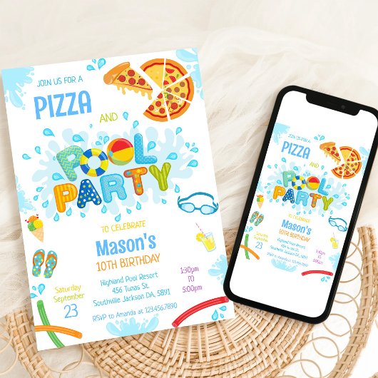Pizza Zwembad Feest Verjaardagsuitnodiging Kaart