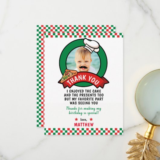 Pizza's verjaardag bedankt je kaart (Voorkant / Achterkant in situ)