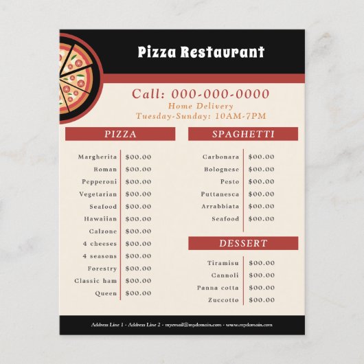 Pizzeria Restaurant, Menu & prijslijst Flyer (Voorkant)