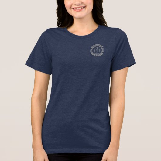 PJK Women's Navy Bella+Canvas / double logo /  Tri-Blend Shirt (Voorkant)
