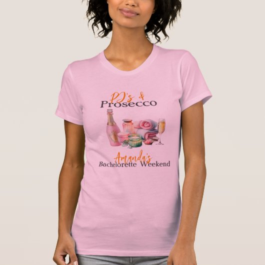 Pjs en Prosecco Pink Spa vrijgezellenfeest T-shirt (Voorkant)